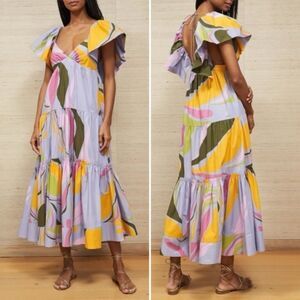 NWT La Ligne Stella Tiered Ruffle Cotton Midi Dress Lavender Swirl Size Medium